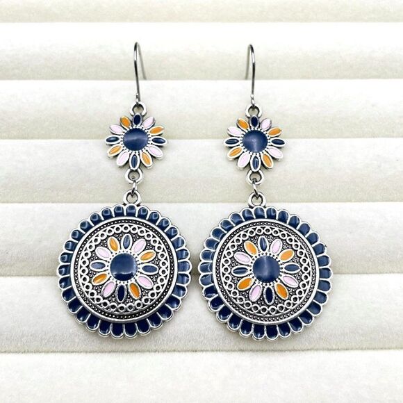 Silver with Blue Pink and Orange Enamel Dangling Boho Flower Drop Hook Earrings - Picture 3 of 9